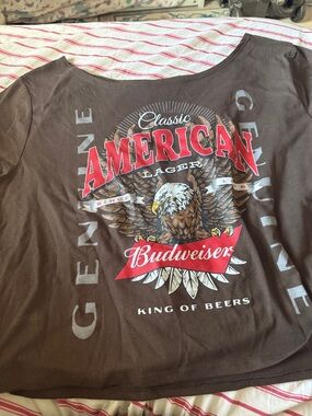 Hybrid Apparel Brown Tee with Red and White Budweiser Print